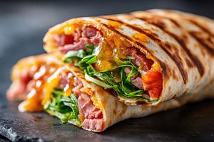 Grilled ham and cheddar wrap with arugula, a Food & Drink Photo by AlyaAnd