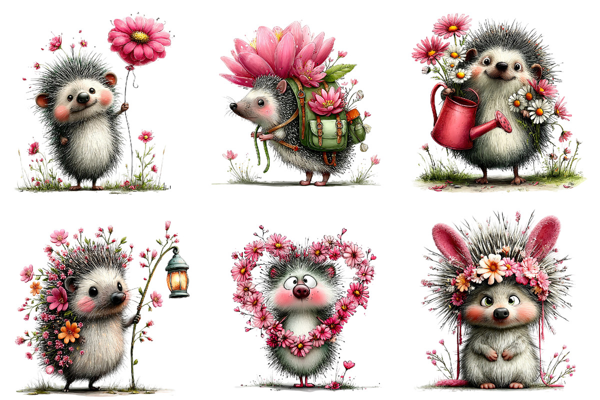 Whimsical Spring Hedgehog Clipart, an Illustration by Dream Creation (Photo 3 of 7)