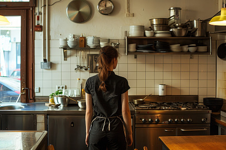 In a bustling restaurant kitchen, a, a Photo by Tanuart