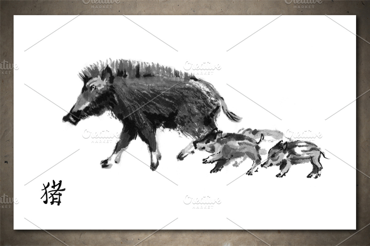 Pigs Sumi-e, an Animal Illustration by StabuLaRasa illustration (Photo 2 of 17)