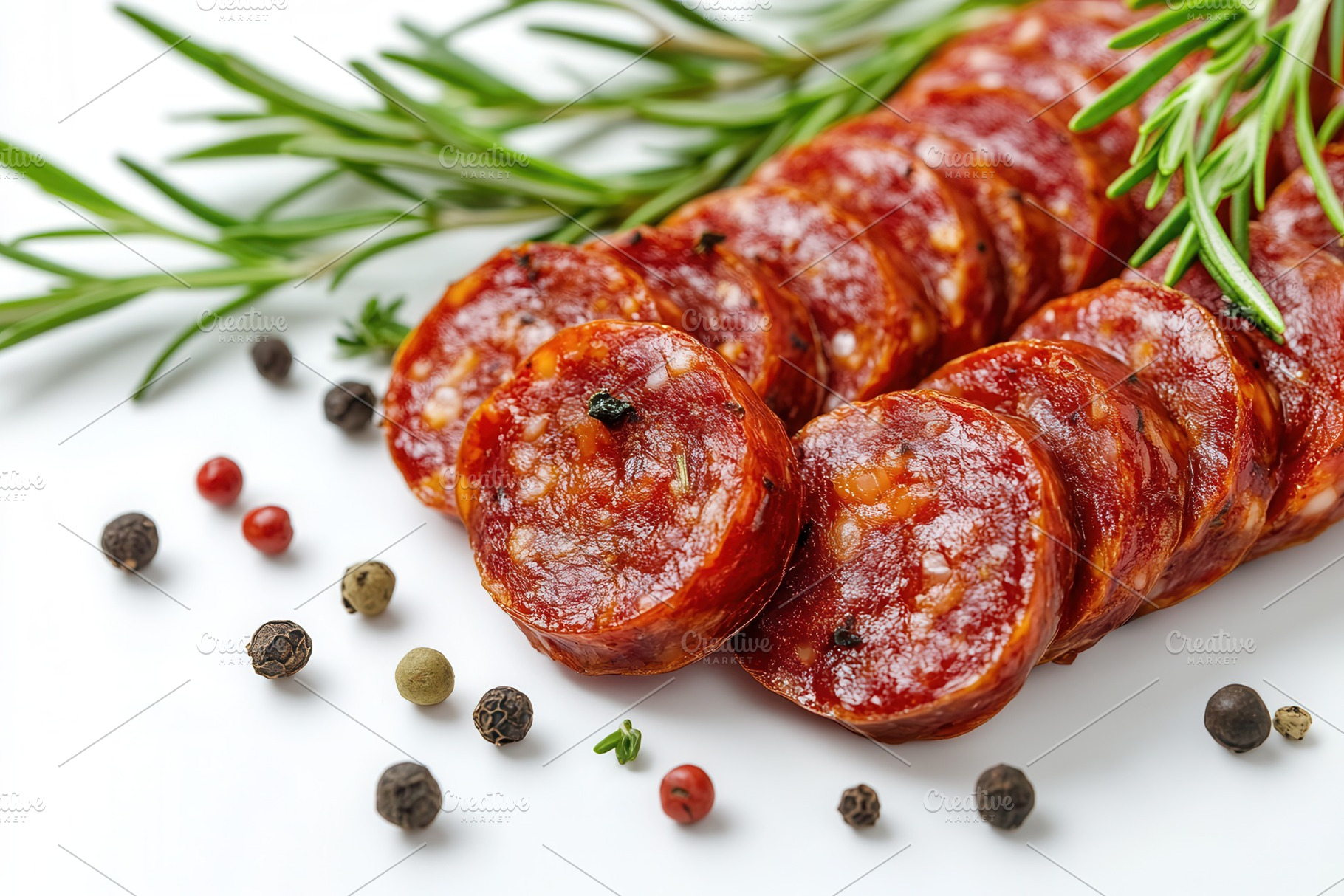 Sliced spicy chorizo sausage, a Photo by Pavel_design
