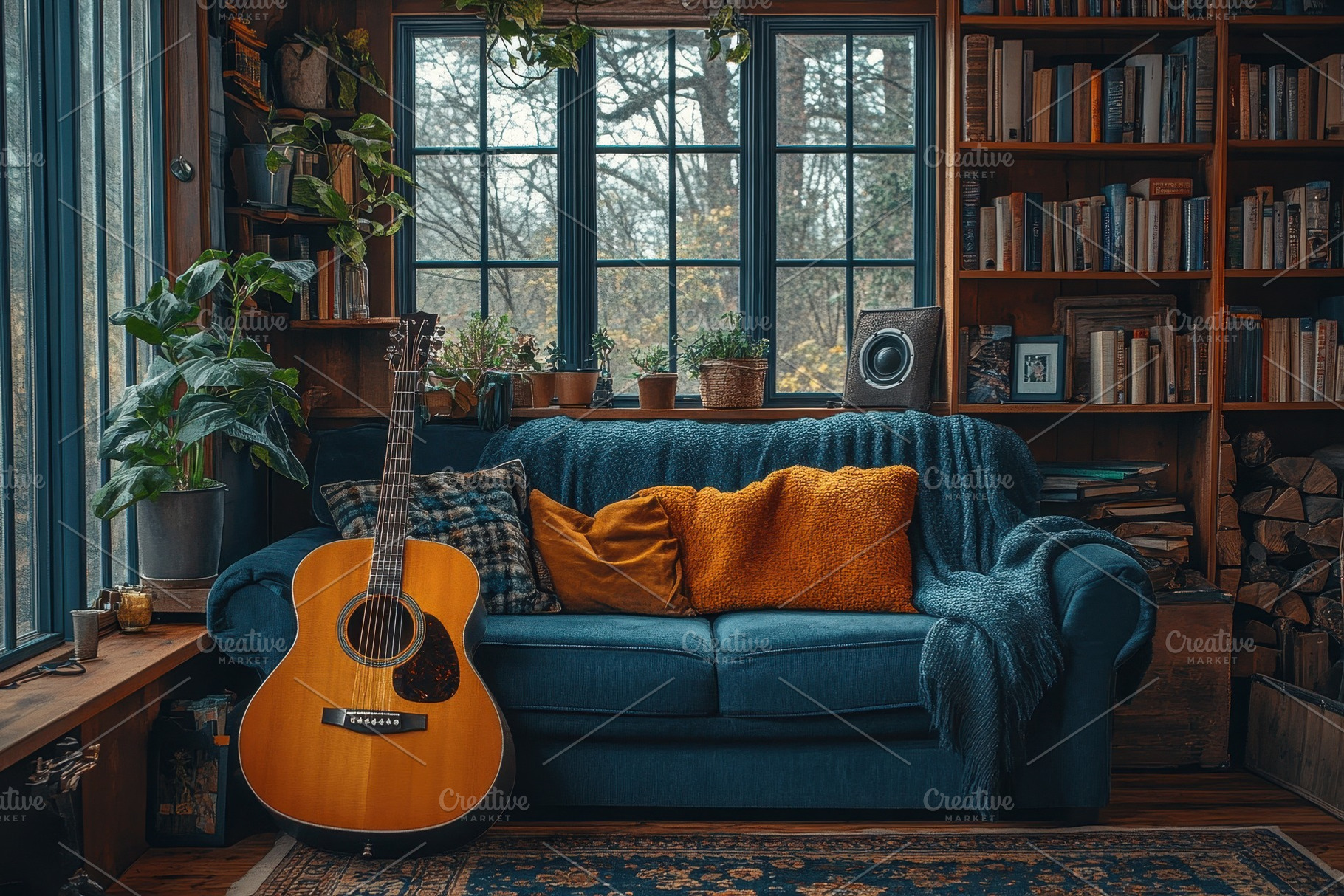 Cozy living room with a guitar, plan, a Photo by Tanuart