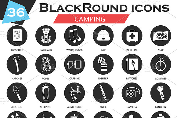 Camping Circle White Black Icon Set.