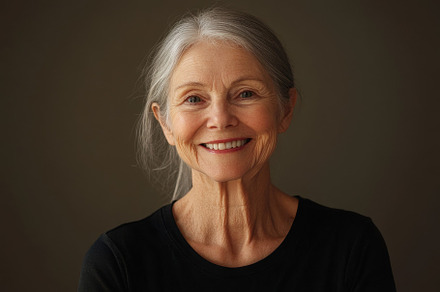 Smiling elderly woman with gray hair, a Photo by Iftikhar Alam