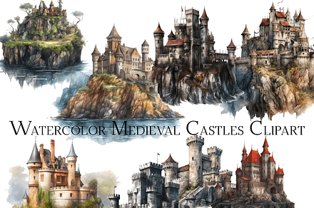 Watercolor Medieval Castles Clipart, an Object Graphic by ArtisticTimberStudio