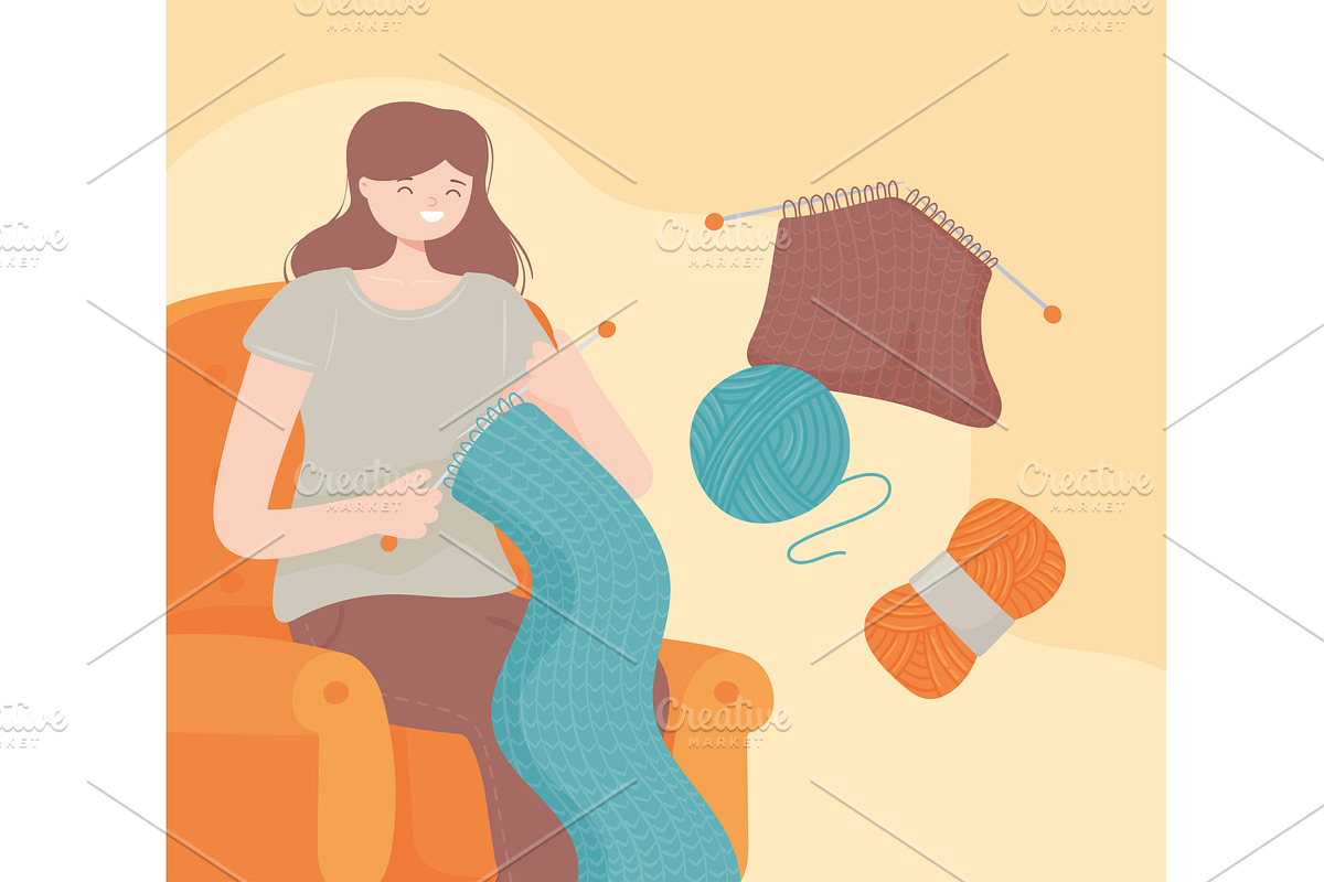 woman knitting with yarn balls, a Person Illustration by studiogstock