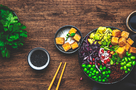 Vegan buddha bowl with red quinoa, fried tofu, avocado, edamame, a Food & Drink Photo by 5PH