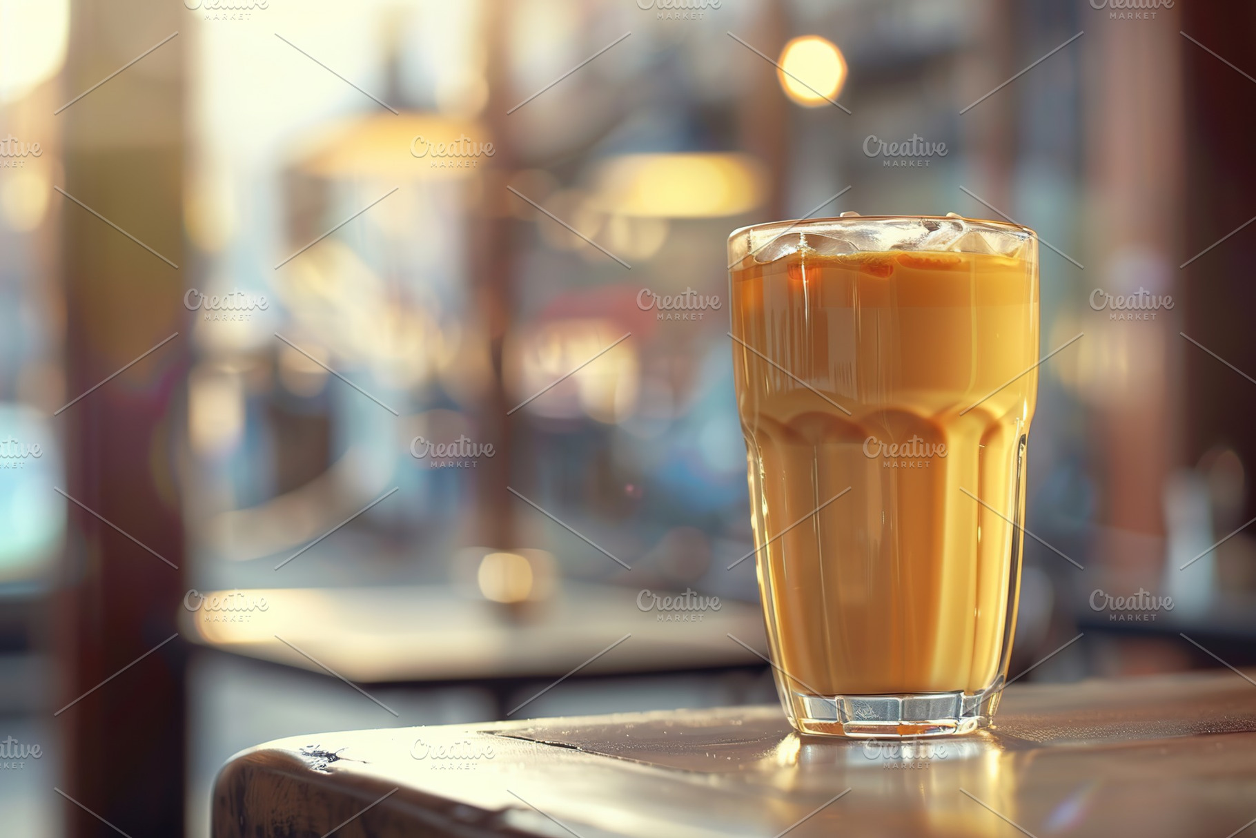 Glass of iced coffee with cream on blurred cafe background, a Food & Drink Photo by AlyaAnd