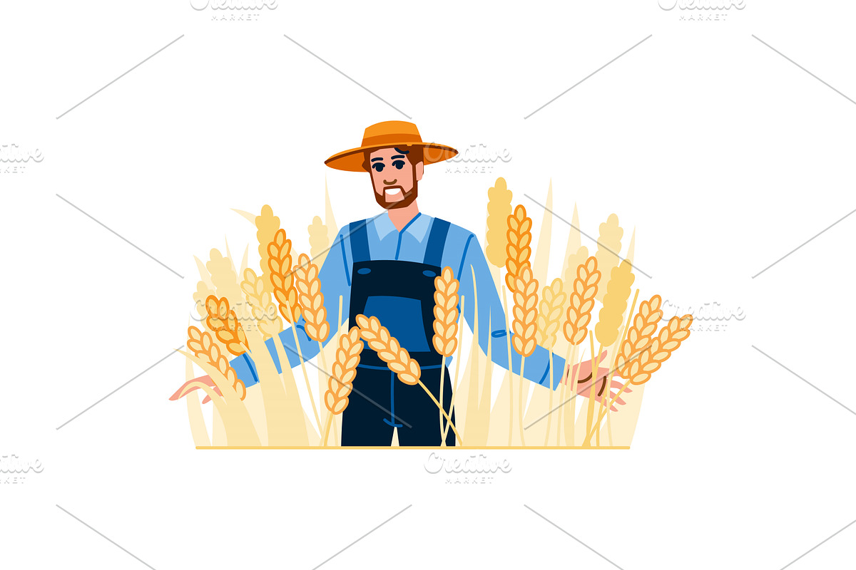 Happy farmer standing in wheat field, an Object Illustration by pikepicture
