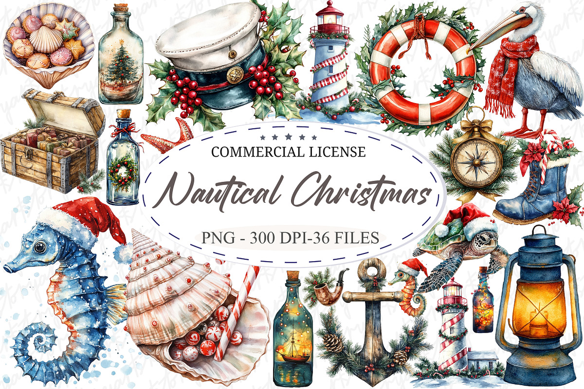Watercolor Nautical Christmas Clipar, an Illustration by designcity5 (Photo 1 of 5)