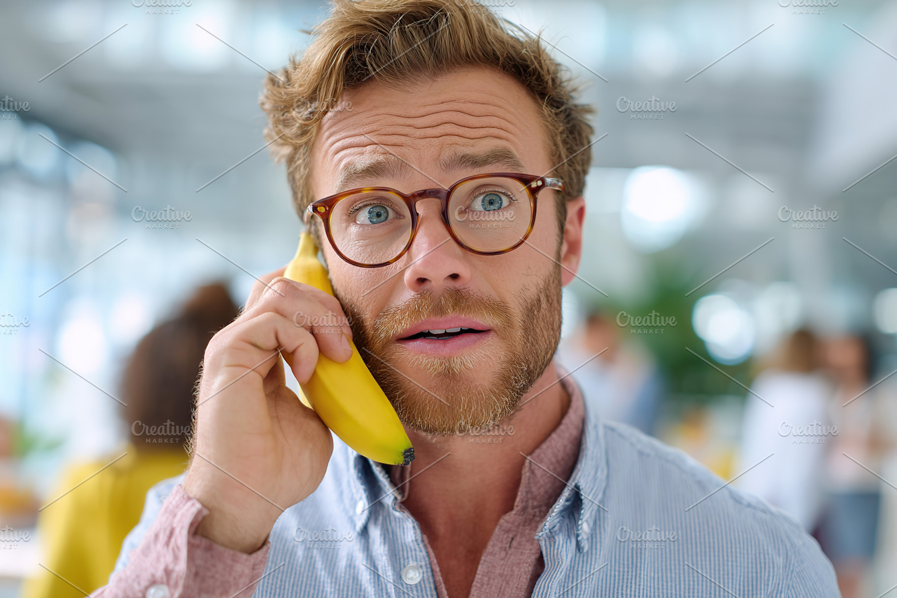 Worker humorously uses a banana as a phone in a modern office setting, a Person Photo by AlyaAnd