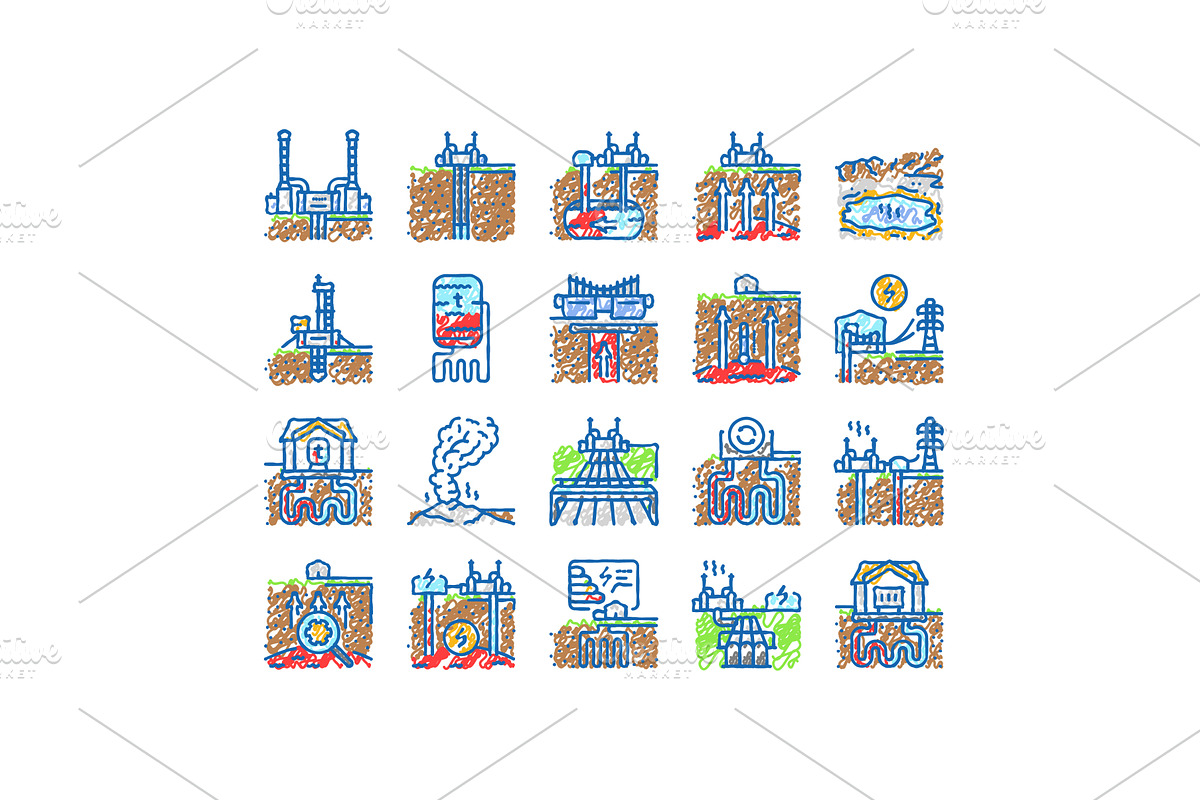 geothermal energy power plant icons, an Object Illustration by pikepicture