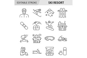 Ski resort line icon vector set