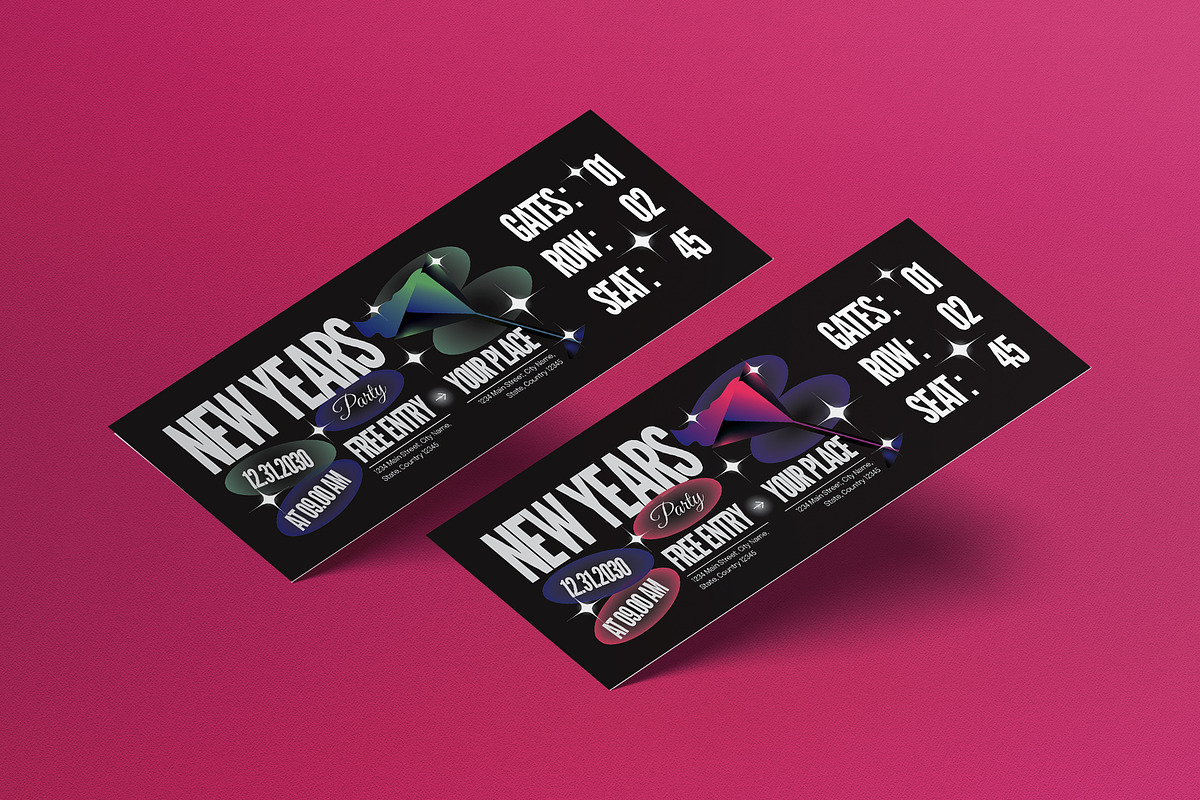 Green Pink New Years Party Ticket, a Card Template by graphicook (Photo 1 of 3)