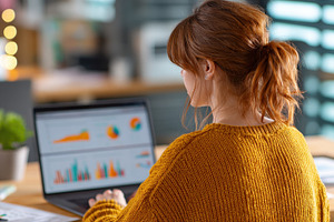 Woman working on laptop analyzing da, a Photo by Pixeness Studio