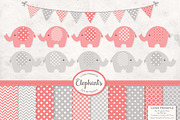Coral Elephants Clipart & Patterns, an Illustration by Amanda Ilkov (Thumbnail 1 of 3)