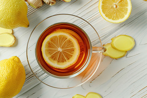 Glass cup of ginger tea with sliced ginger root on wooden table, a Food & Drink Photo by AlyaAnd