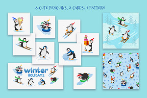 Funny Penguins On The Winter Holiday