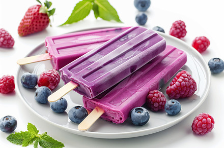 Ice cream popsicles with organic berries on white background, a Food & Drink Photo by AlyaAnd