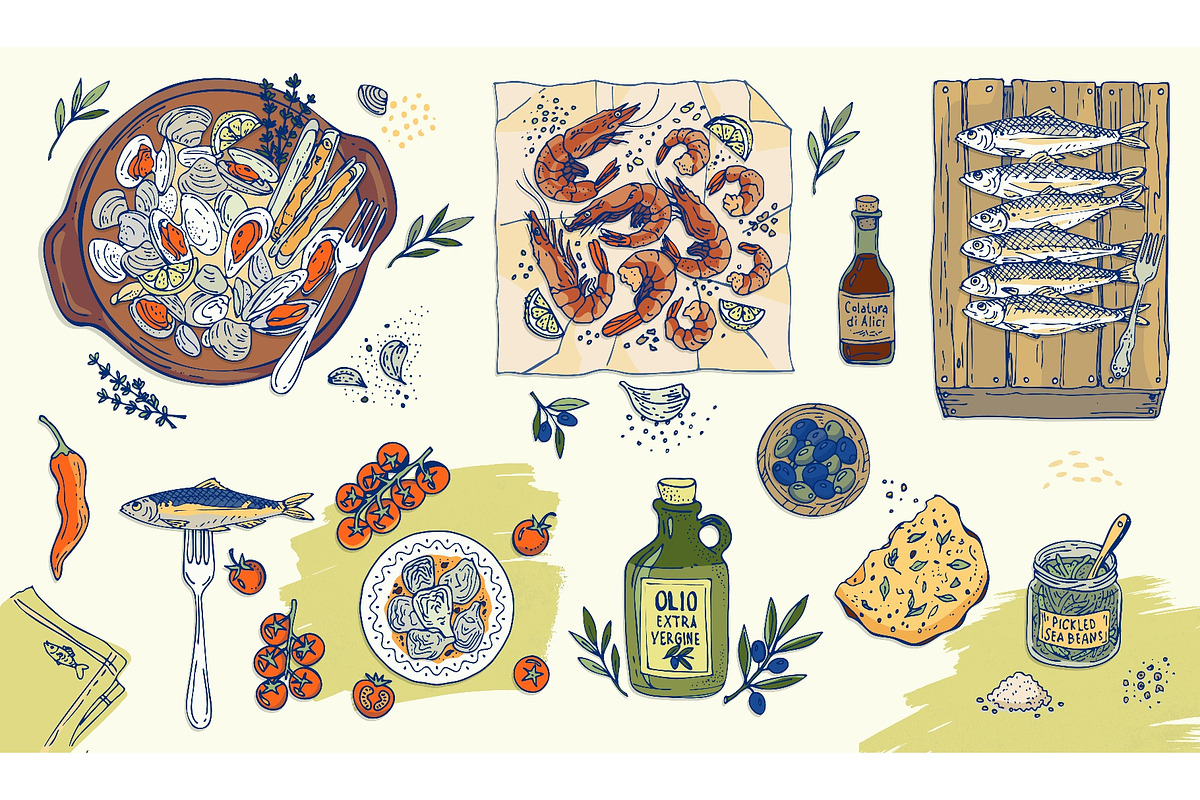 Hand drawn mediterranean seafood, a Food Illustration by Zimages (Photo 1 of 3)