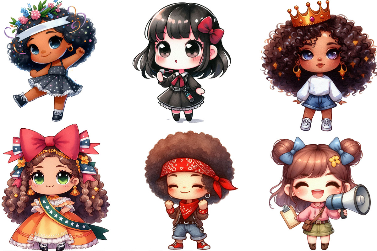Juneteenth Black Chibi Girls Bundle, an Illustration by Designking (Photo 3 of 4)