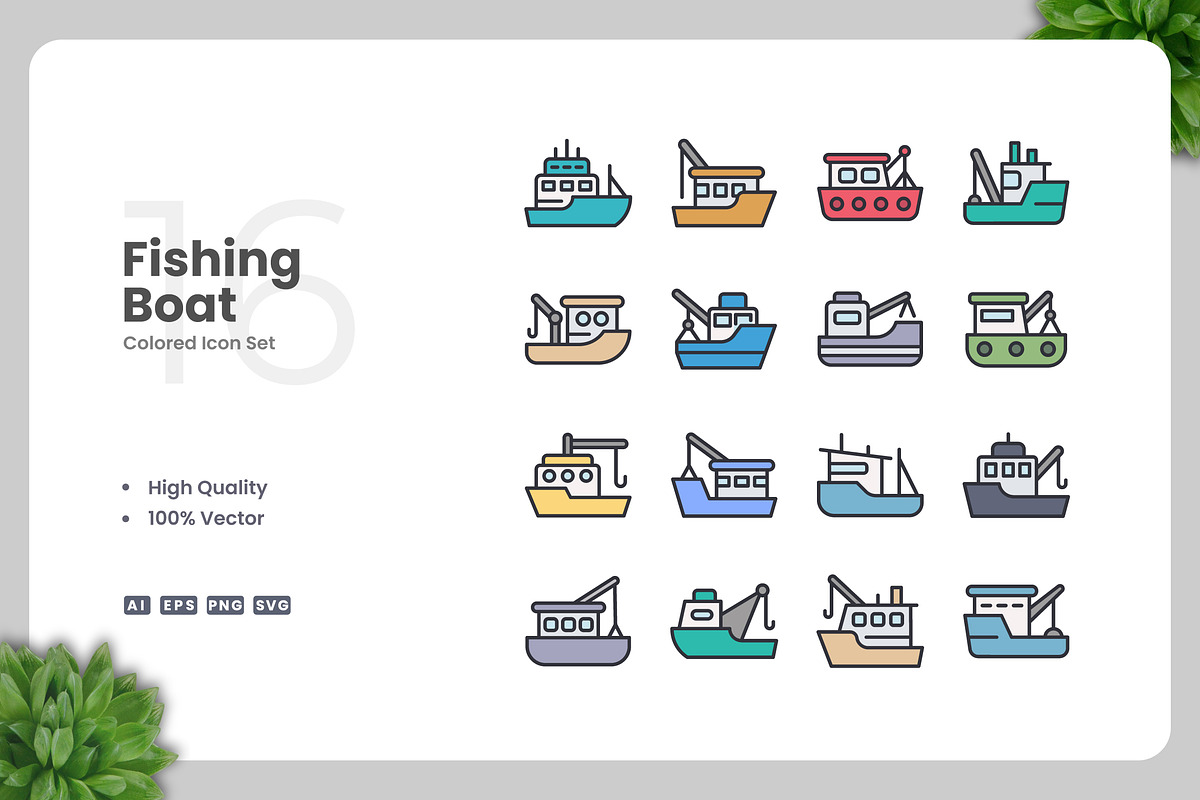 Fishing Boat Colored Icons, an Icon by Upnowgraphic