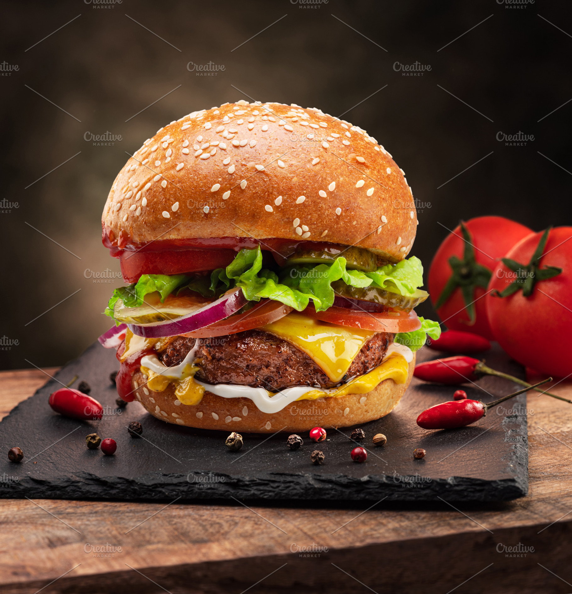 Hamburger on a board, a Food & Drink Photo by Volff