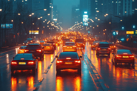 Evening rush hour in a busy city dur, a Photo by Tanuart