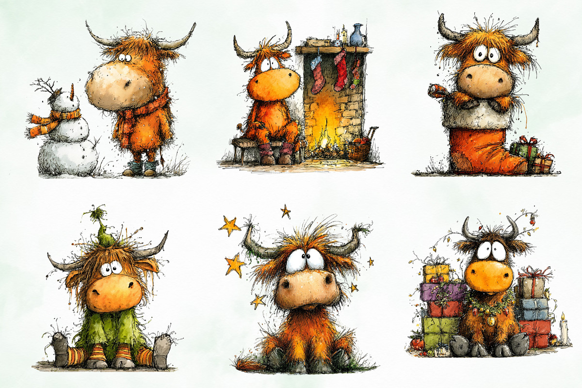 Grumpy Christmas Highland Cow Bundle, an Illustration by Creative Art (Photo 8 of 11)