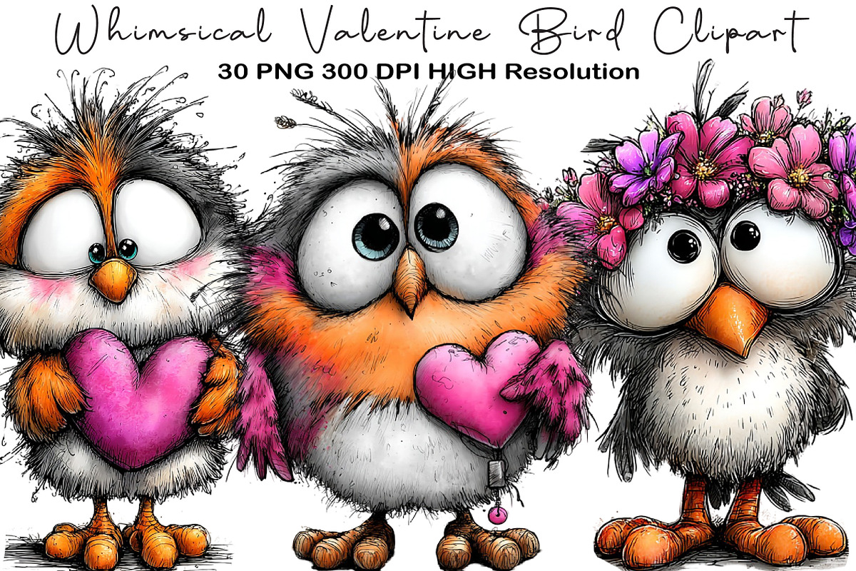 Whimsical Valentine Bird Clipart, an Illustration by Black Bird Studio (Photo 1 of 6)