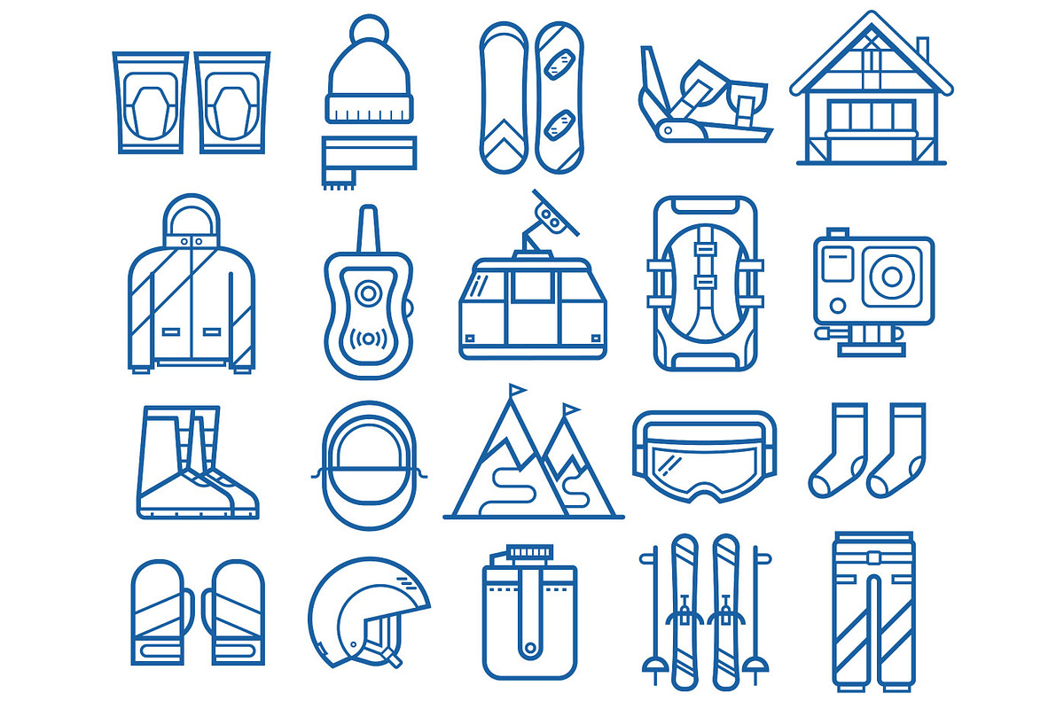 Snowboard and Ski Equipment Icons, an Outline Icon by Alex Krugli (Photo 2 of 5)