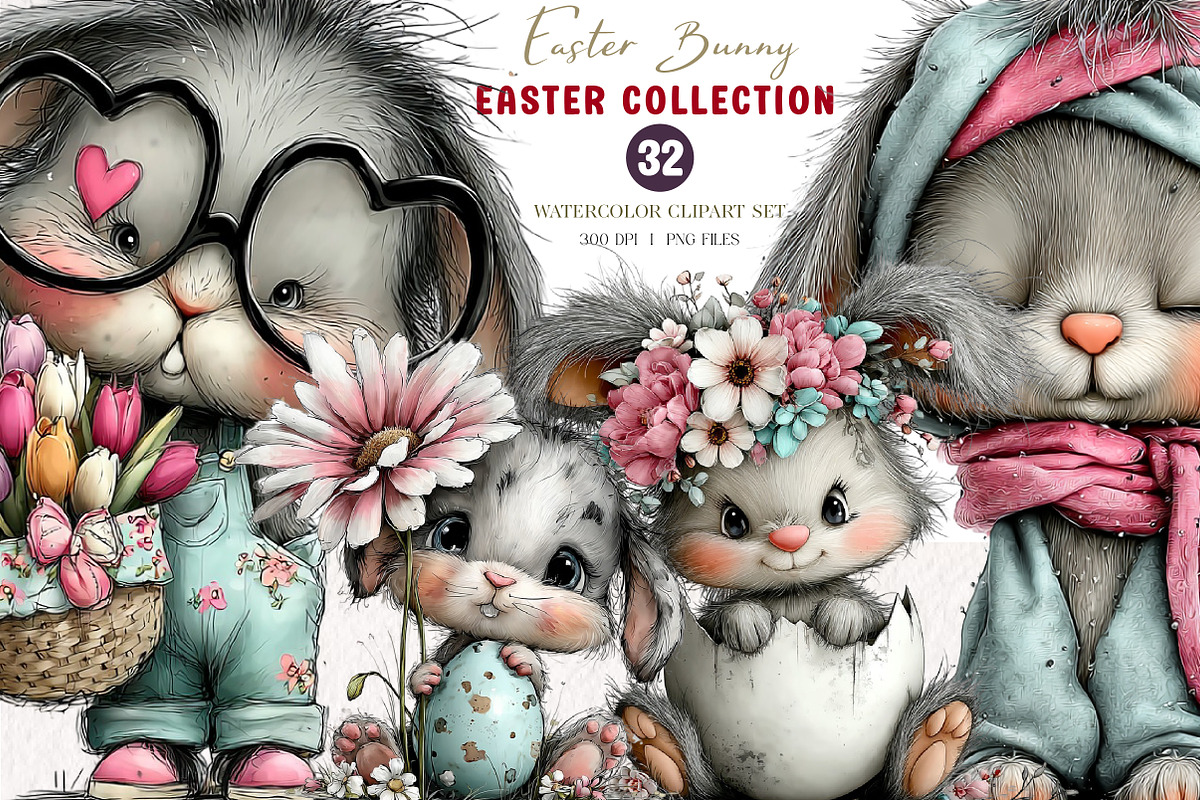 Whimsical Easter Bunny Clipart, an Illustration by CreationArt (Photo 1 of 6)