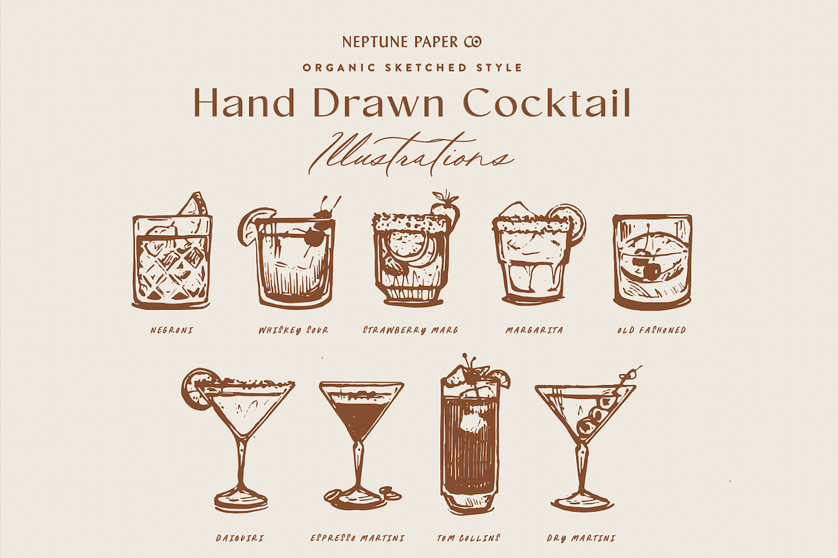 Hand Drawn Cocktails, a Decorative Illustration by Neptune Paper Co. (Photo 1 of 2)