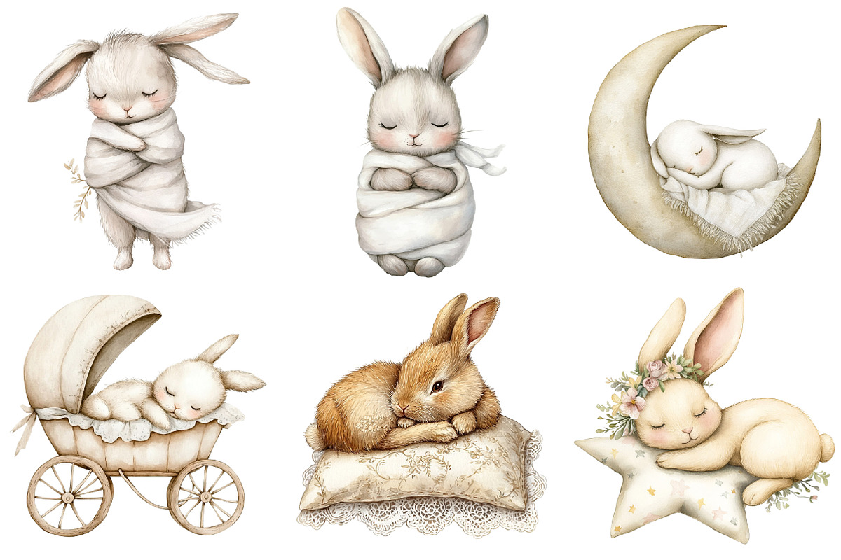 Bunny Neutral Sleeping Animals png, an Illustration by Watercolor design (Photo 5 of 5)
