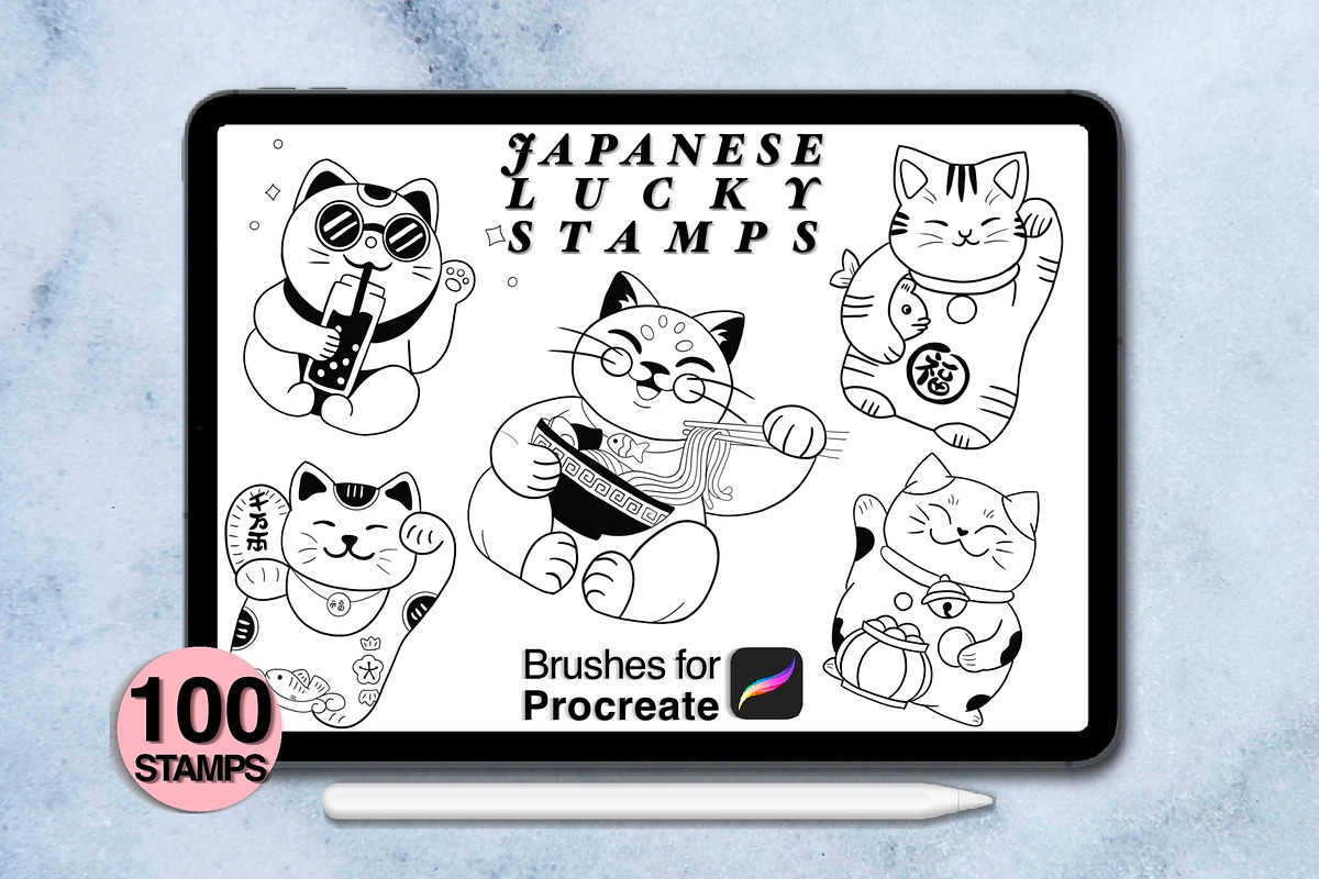 100 procreate Japanese lucky stamps, a Brush Add-On by Arts For Peace (Photo 4 of 9)