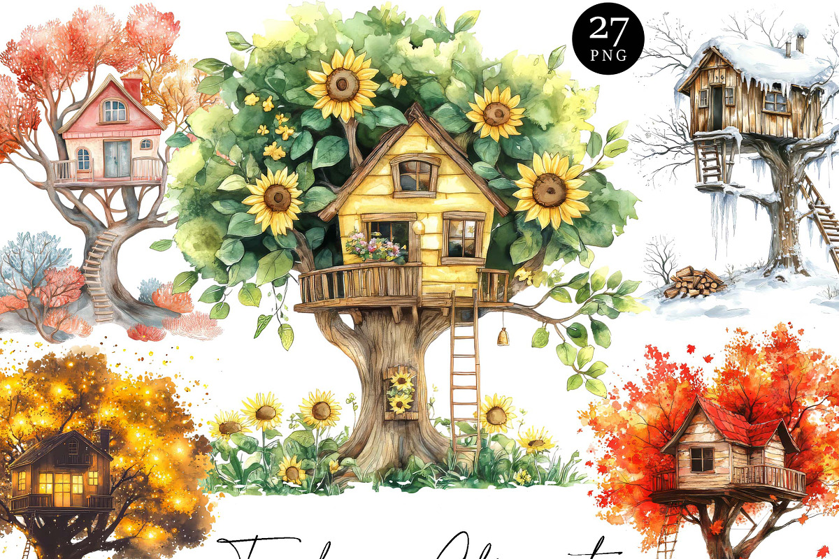 Watercolor Treehouse Clipart Bundle, a Decorative Illustration by ...