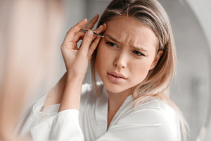 Removal of excess hair from face. Young woman in sleepwear plucking eyebrows in, a Photo by Prostock-Studio
