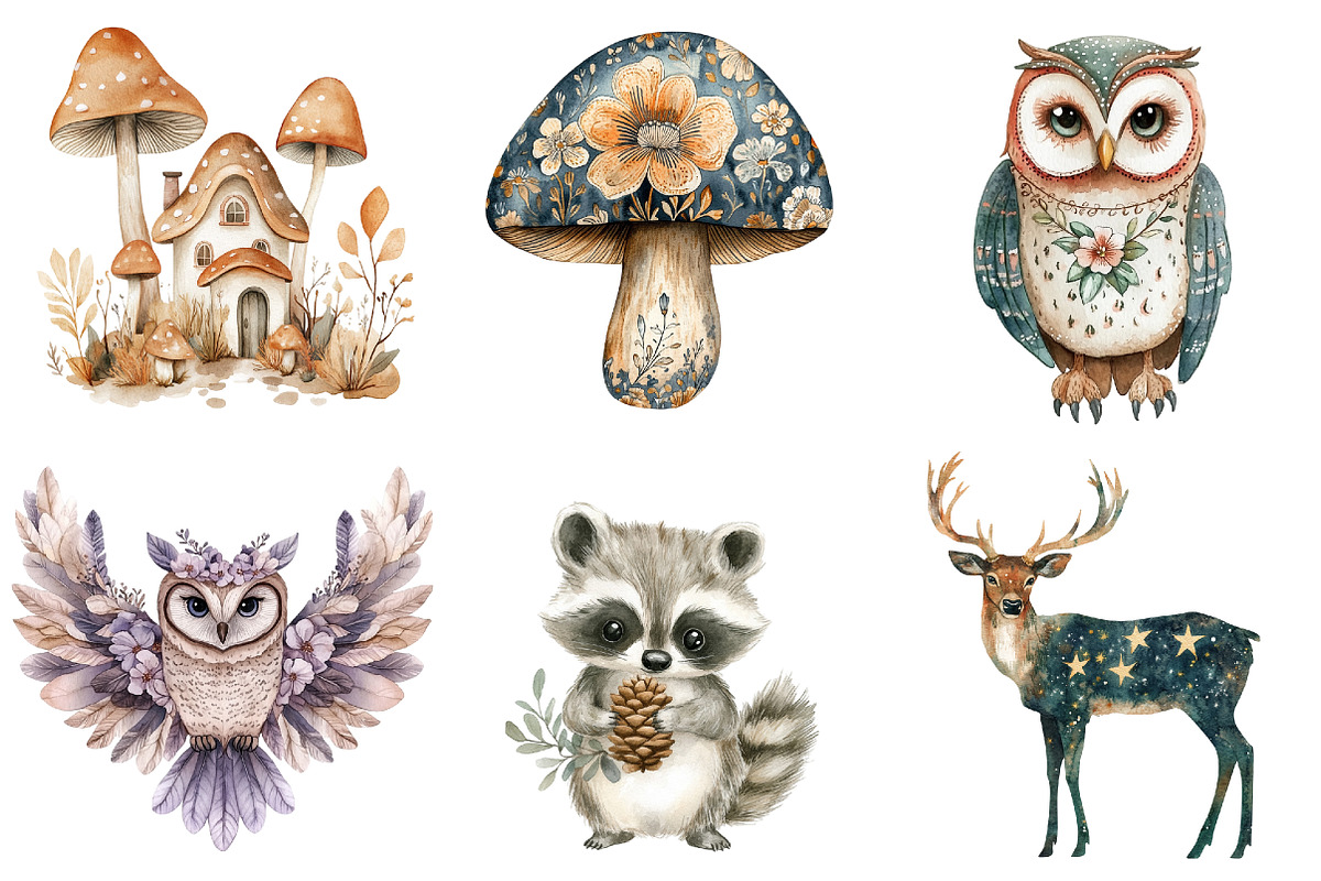Watercolor Boho Woodland Clipart, a Seasonal Illustration by CitraGraphics (Photo 3 of 6)