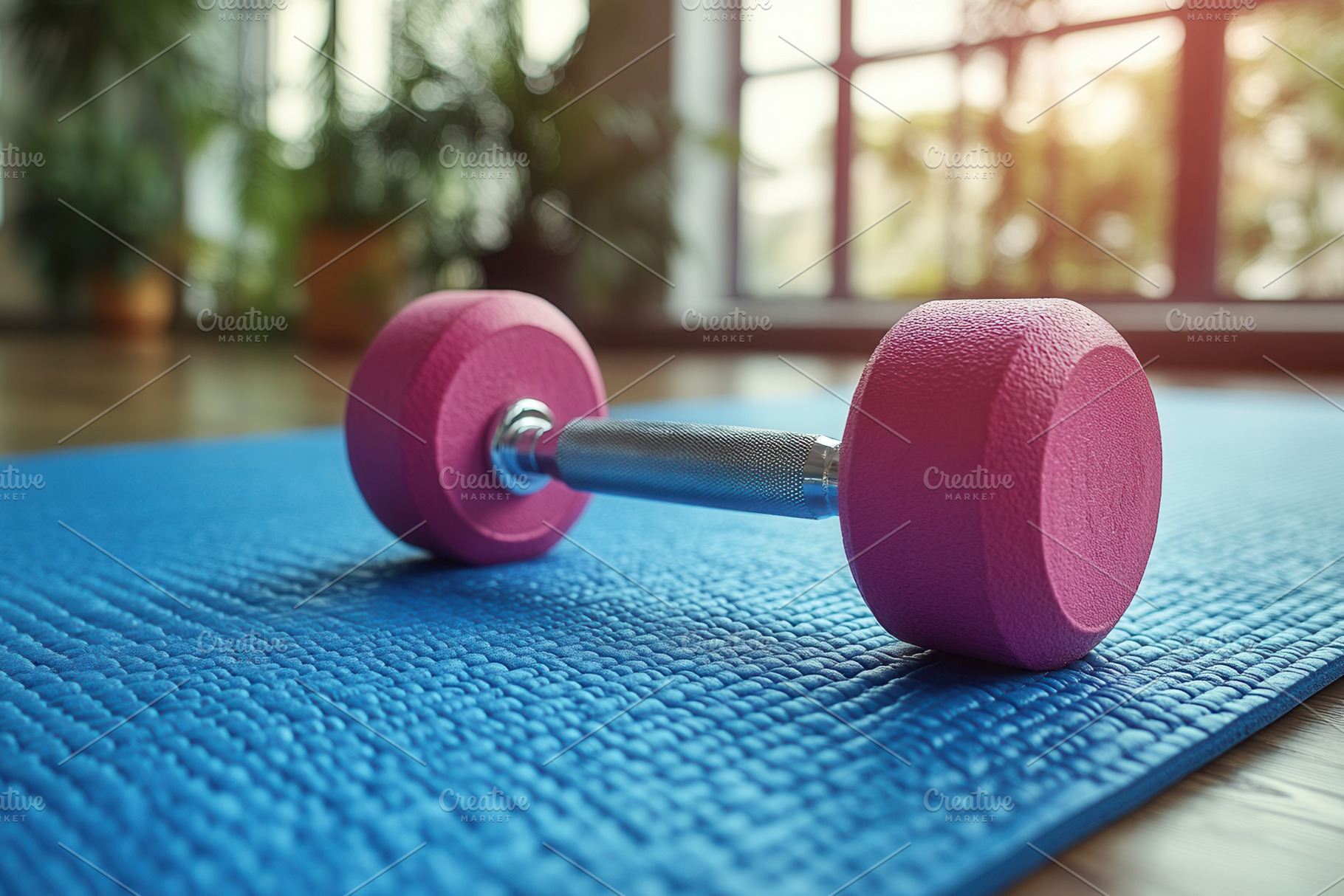 Bright pink dumbbell resting on a bl, a Photo by Tanuart