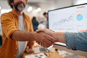 Handshake between a startup CEO and a partner signaling business growth and col, a Photo by AlyaAnd