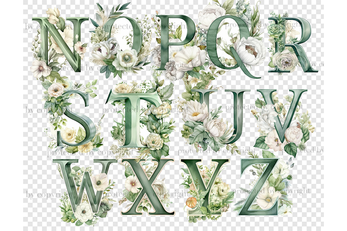 Greenery Alphabet Lettering Clipart, an Education Illustration by GlamArtZhanna (Photo 6 of 7)