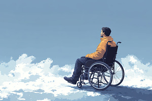 Individual in wheelchair gazes at se, a Photo by Tanuart