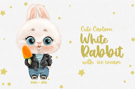 Cute white bunny in biker jacket