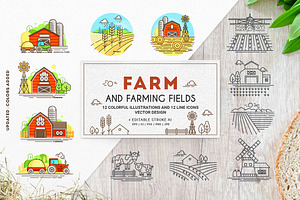 Farm icons and farming fields 
