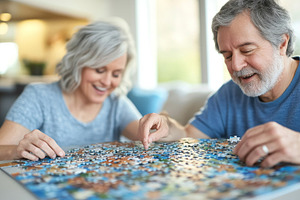 Middle age couple solving puzzle at, a Photo by Dvoevnore photos