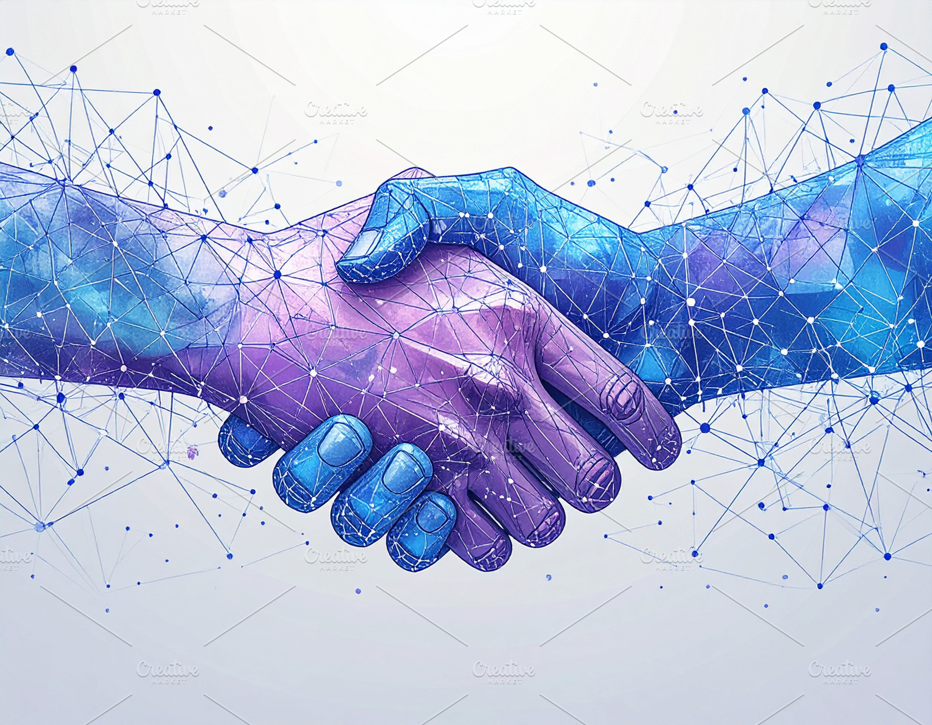 Stylized hands shaking made of digital blockchain nodes and chai, a Business Photo by DanFLCreativo