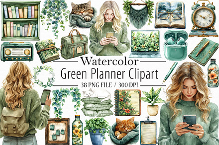 Watercolor Green Planner Clipart, an Illustration by Libby Wishes