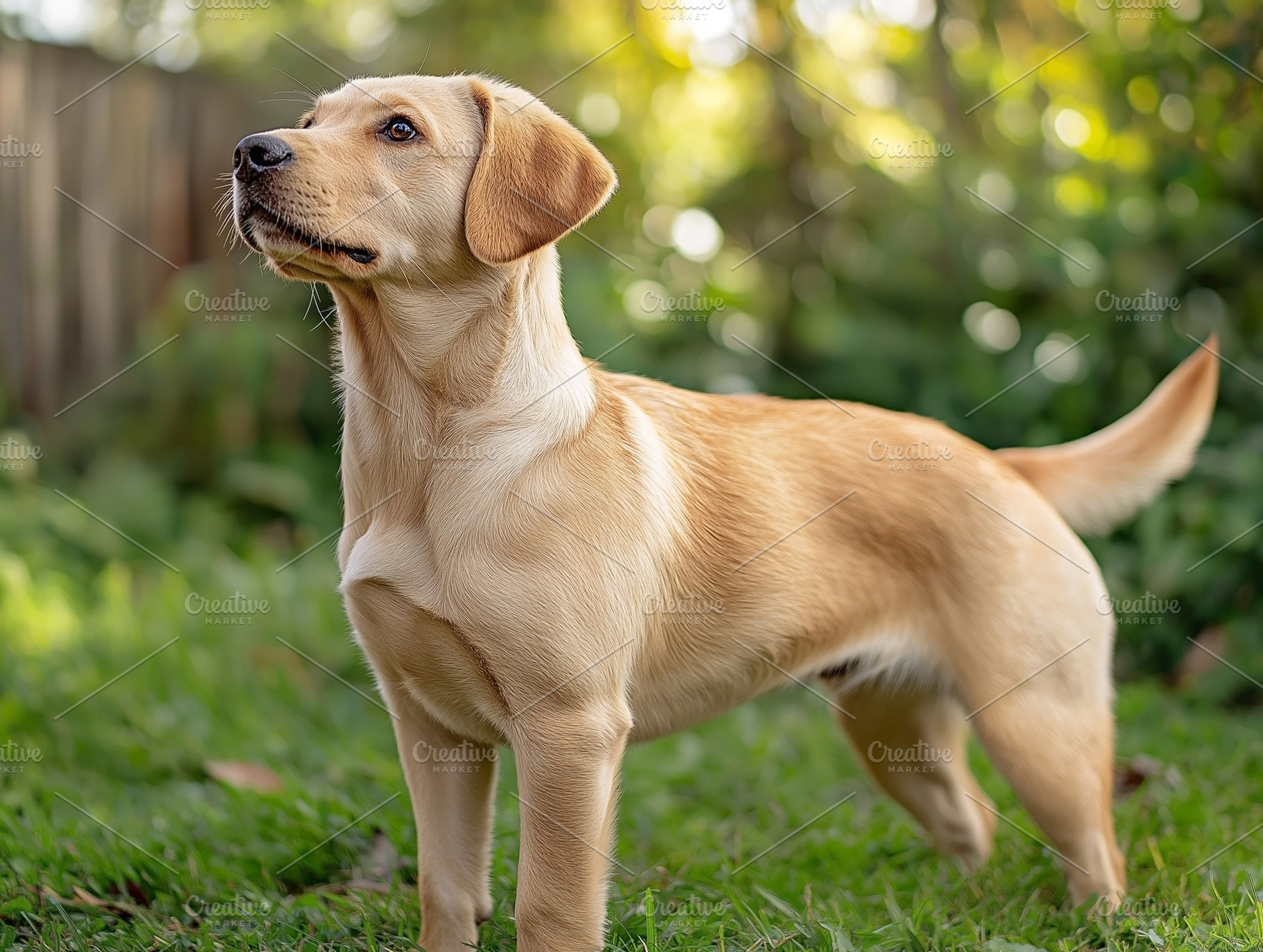 A curious golden Labrador puppy stands alert in a lush green garden., an Animal Photo by ImageMir