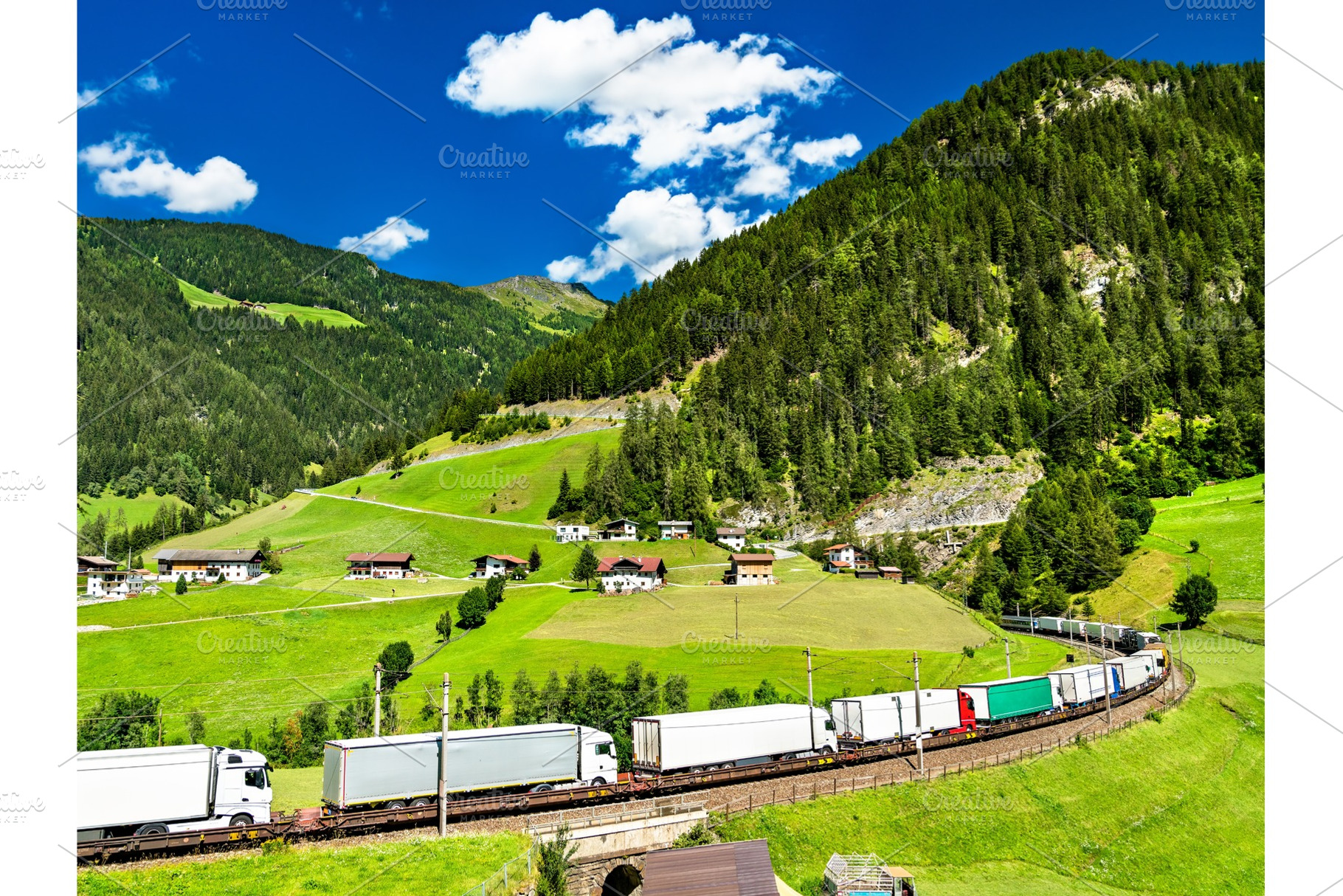 Trucks crossing the Alps by rail in, a Transportation Photo by Leonid Andronov