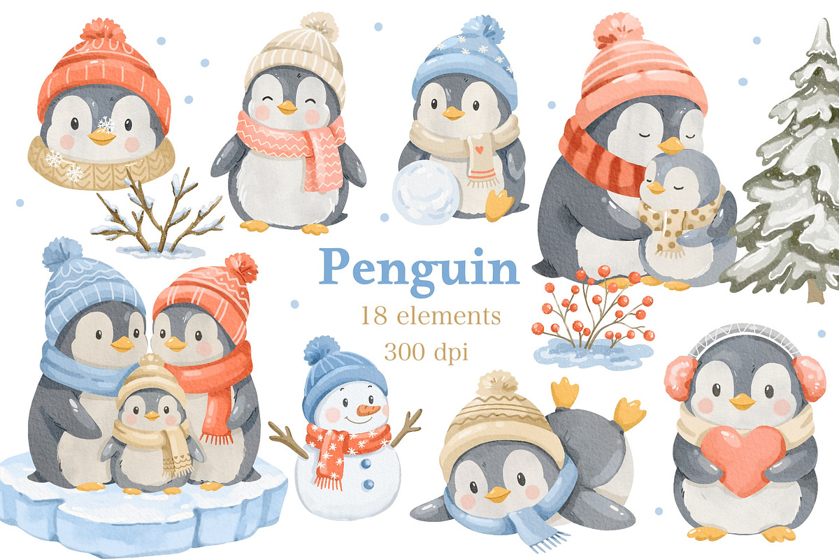 Watercolor Winter Penguin Clipart, an Animal Illustration by ArtGiftsStudio (Photo 1 of 4)